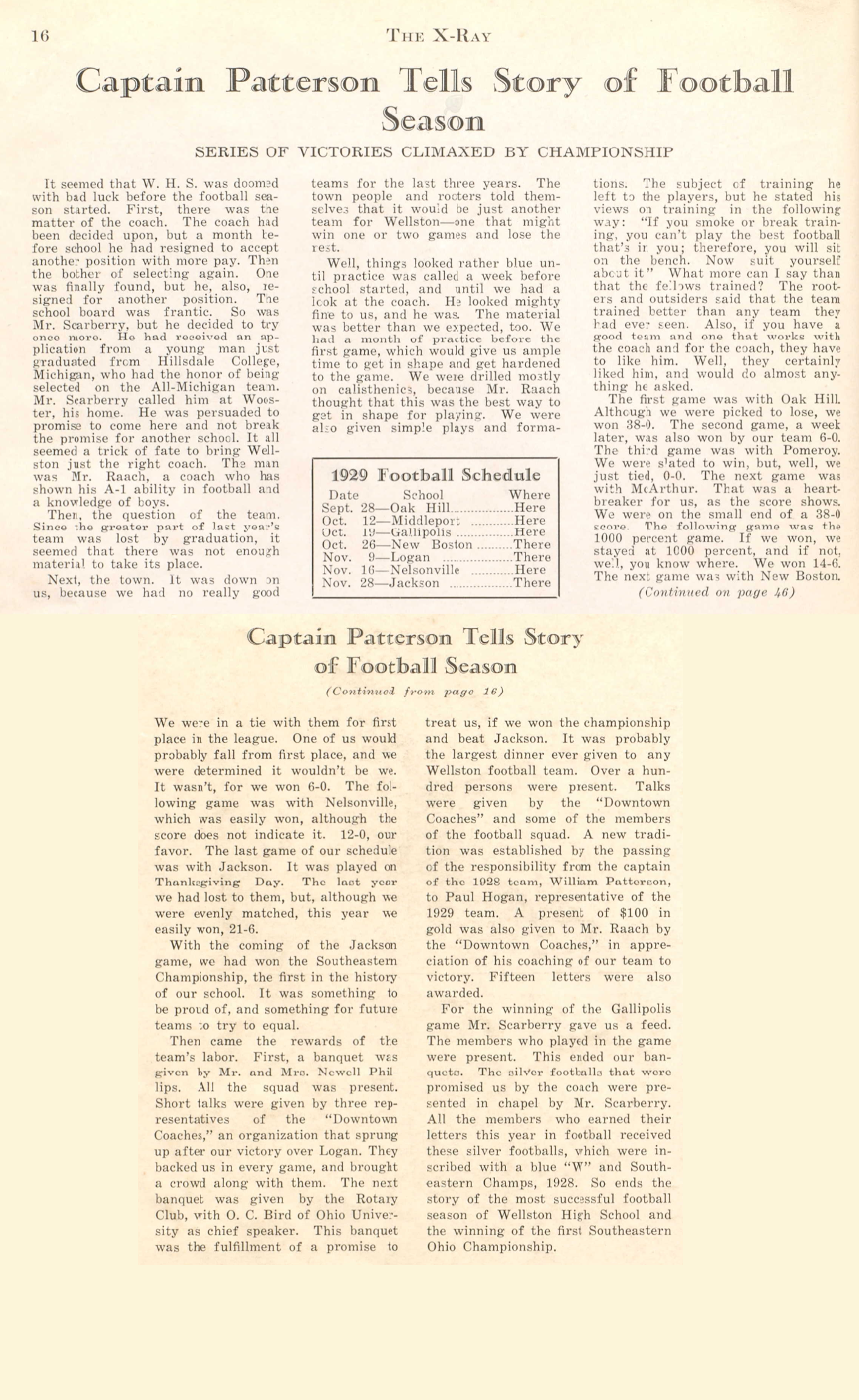 Yearbook page titled Captain Patterson Tells Story of Football Season from The X-Ray, 1929