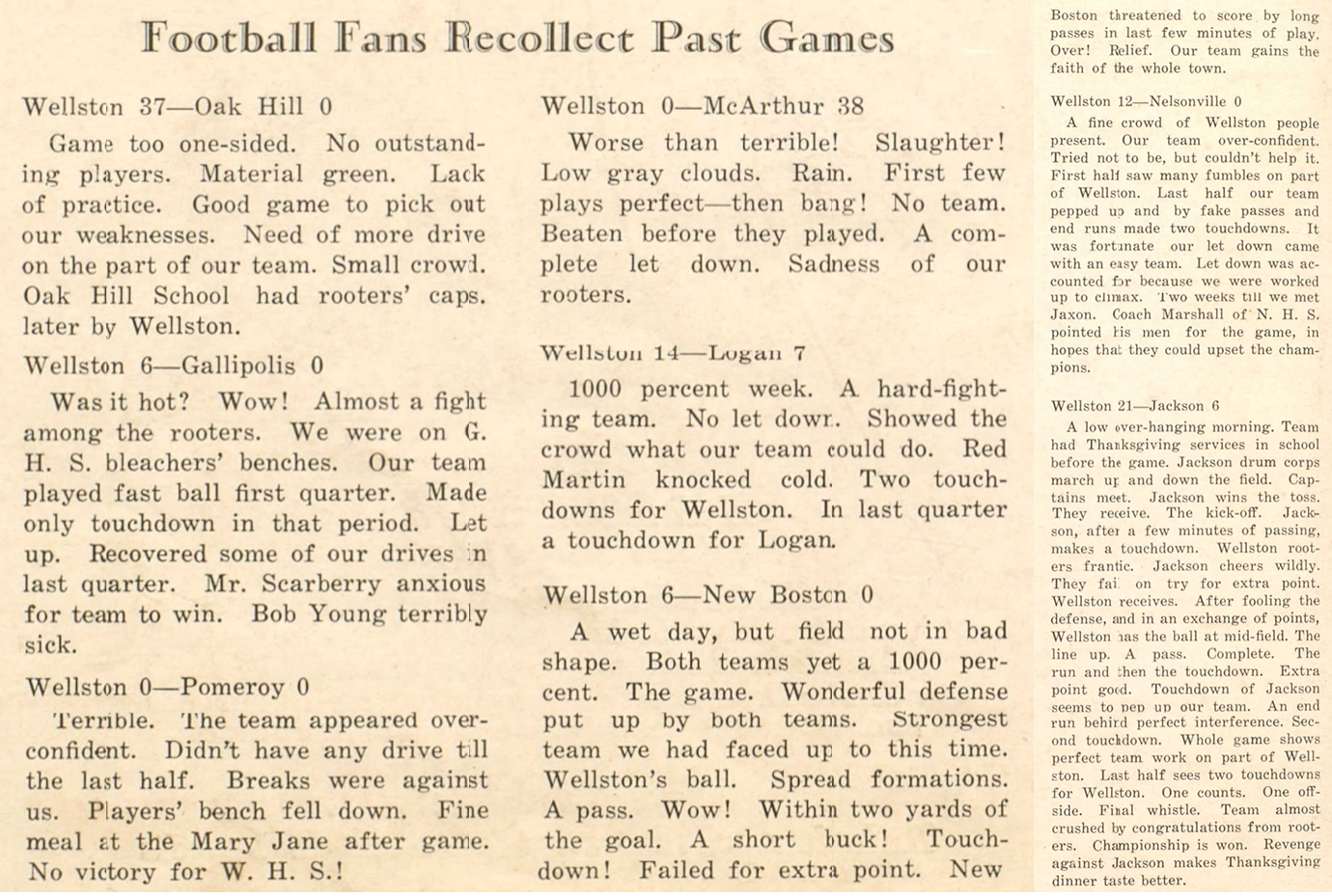 Wellston High School yearbook page titled Football Fans Recollect Past Games, summarizing the 1928 football season