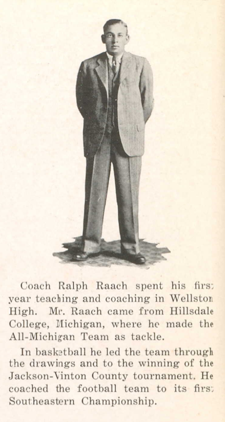 Portrait photograph of Coach Ralph Raach from the 1929 Wellston High School yearbook