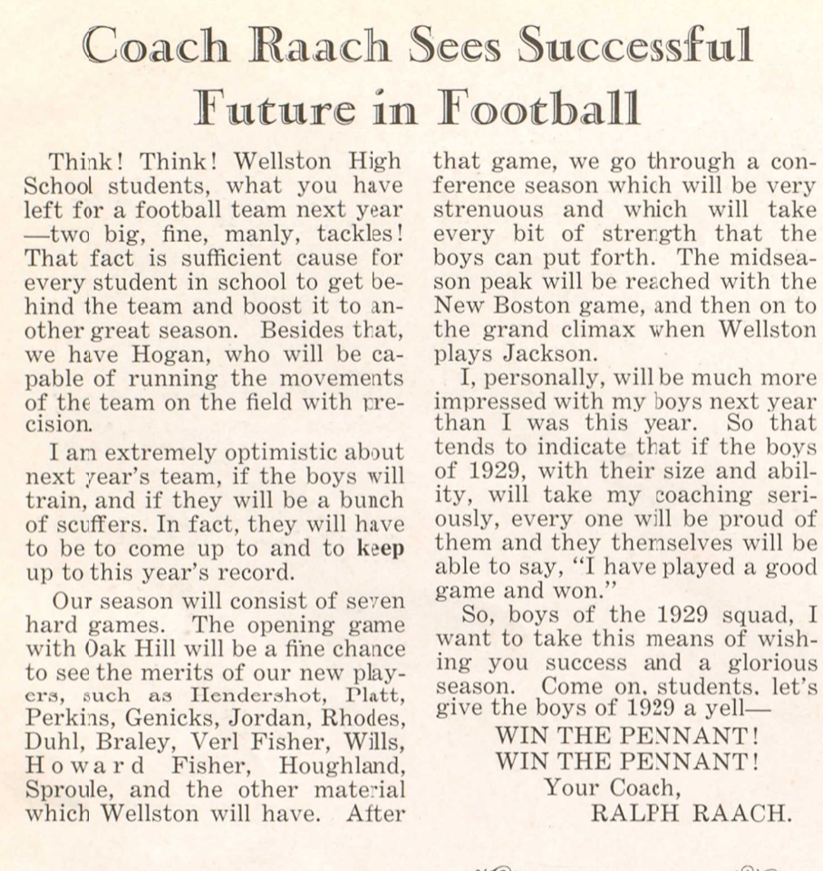 Yearbook page titled Coach Raach Sees Successful Future in Football from The X-Ray, 1929