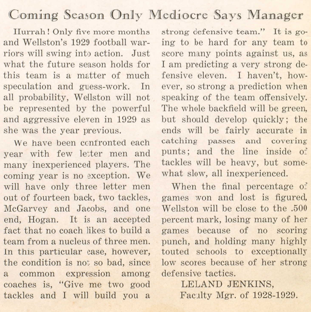 Yearbook page titled Coming Season Only Mediocre Says Manager from The X-Ray, 1929