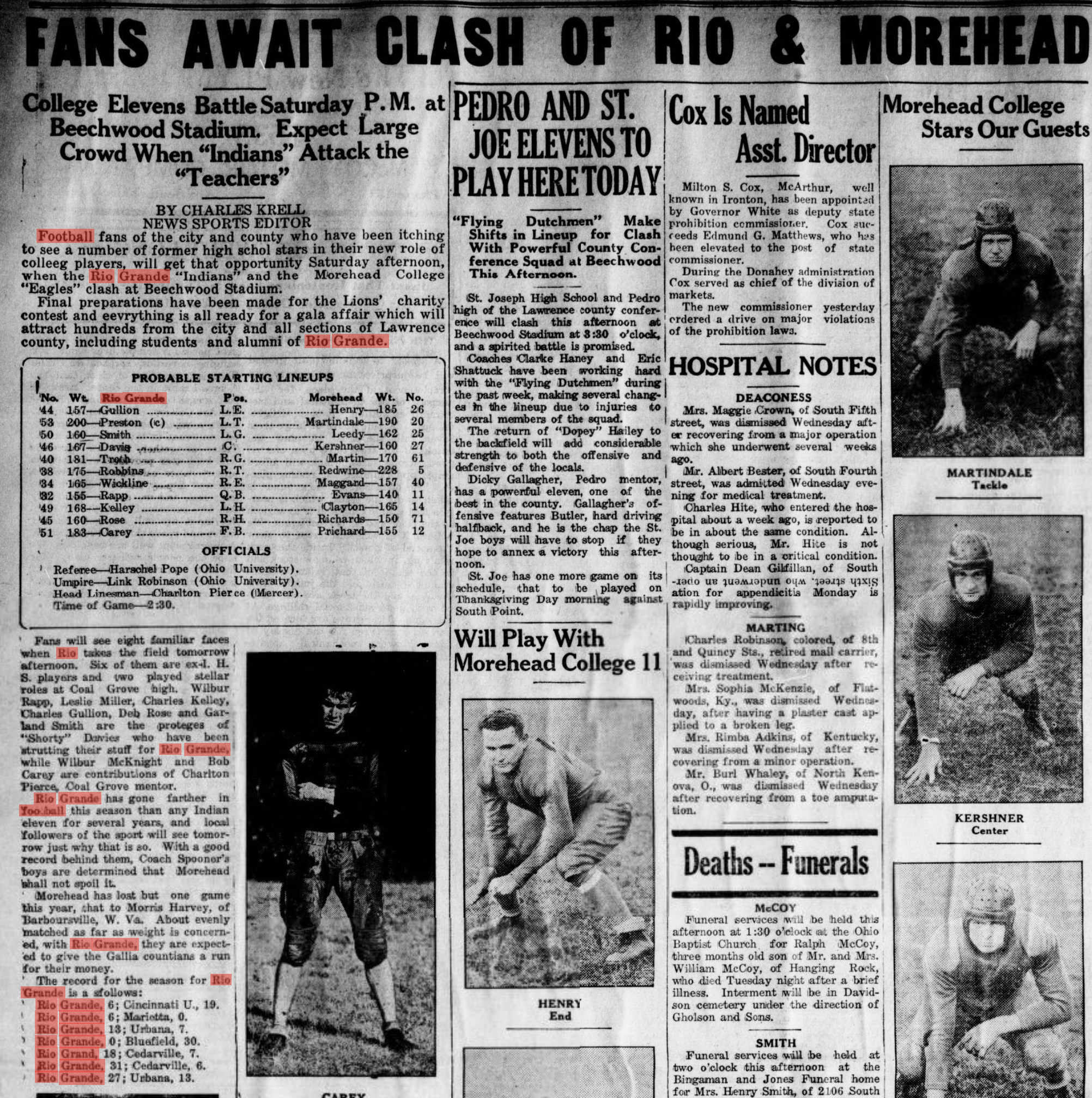 Newspaper clipping titled Fans Await Clash of Rio and Morehead, published November 20, 1931