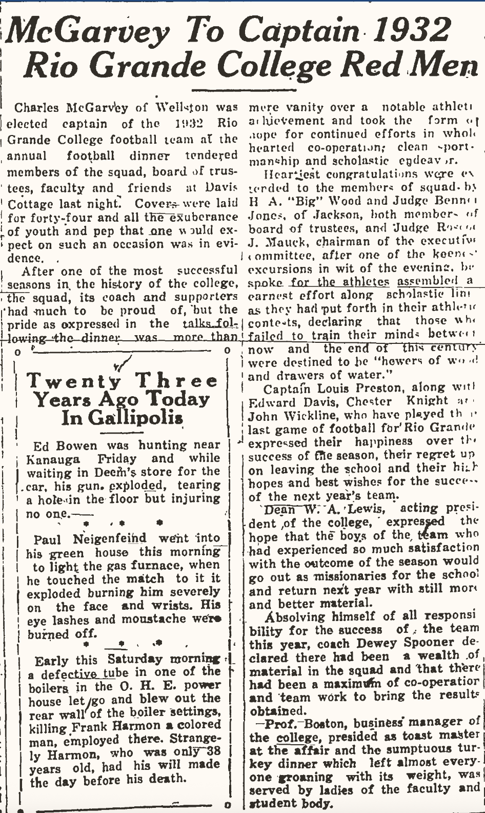 Newspaper clipping titled McGarvey To Captain 1932 Rio Grande College Red Men, published December 5, 1931