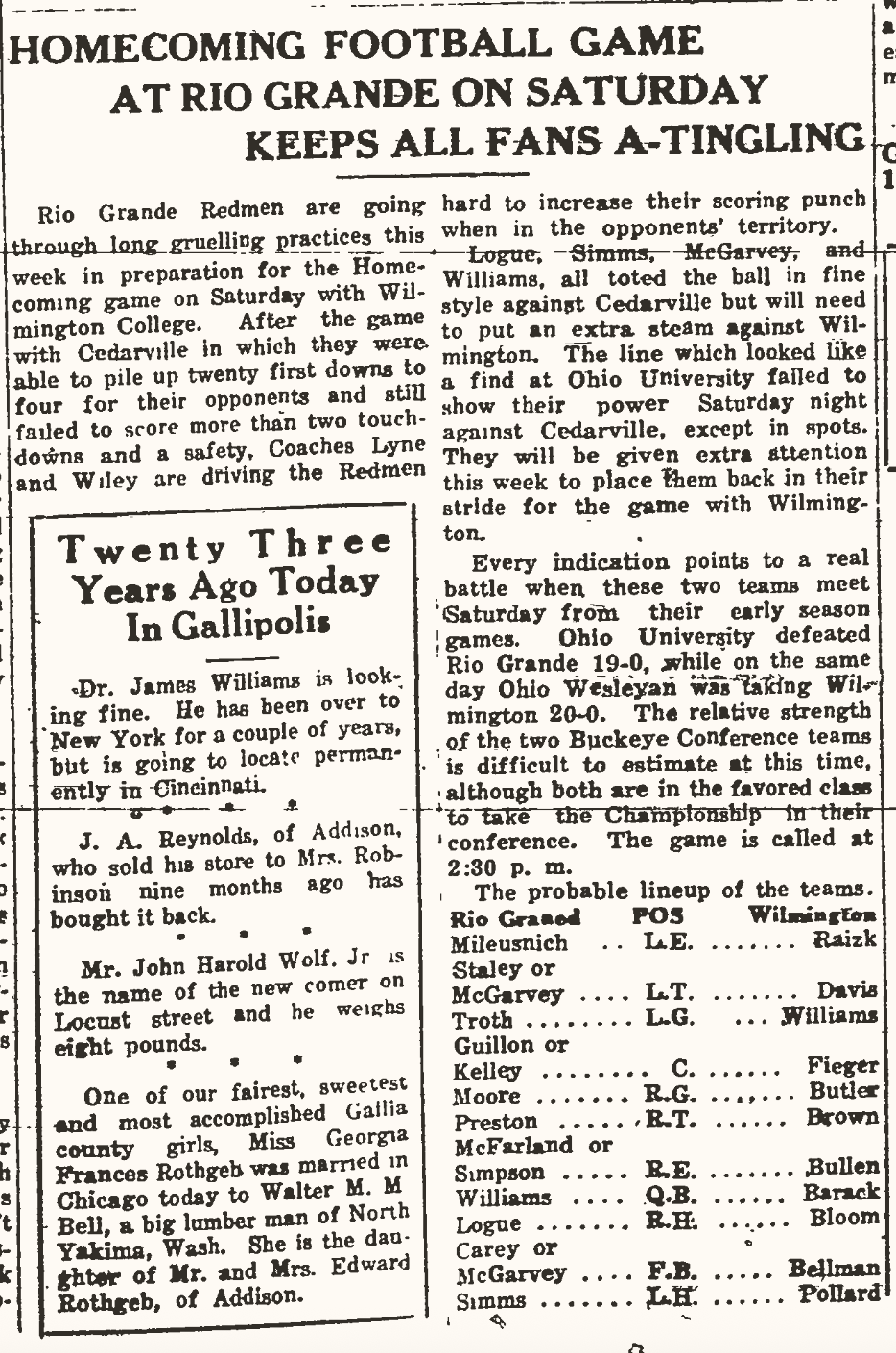 Newspaper clipping titled Homecoming Football Game at Rio Grande on Saturday Keeps All Fans A-Tingling, published October 7, 1932