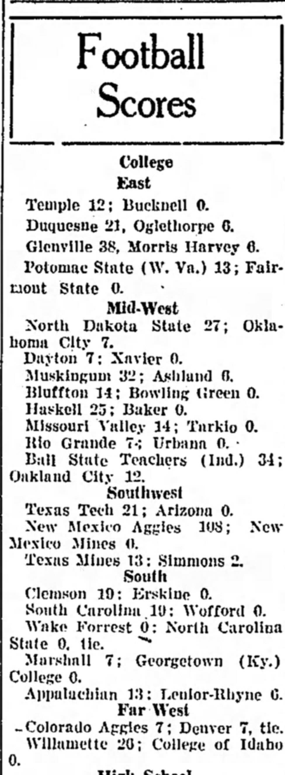 Score roundup clipping listing Rio Grande 7, Urbana 0