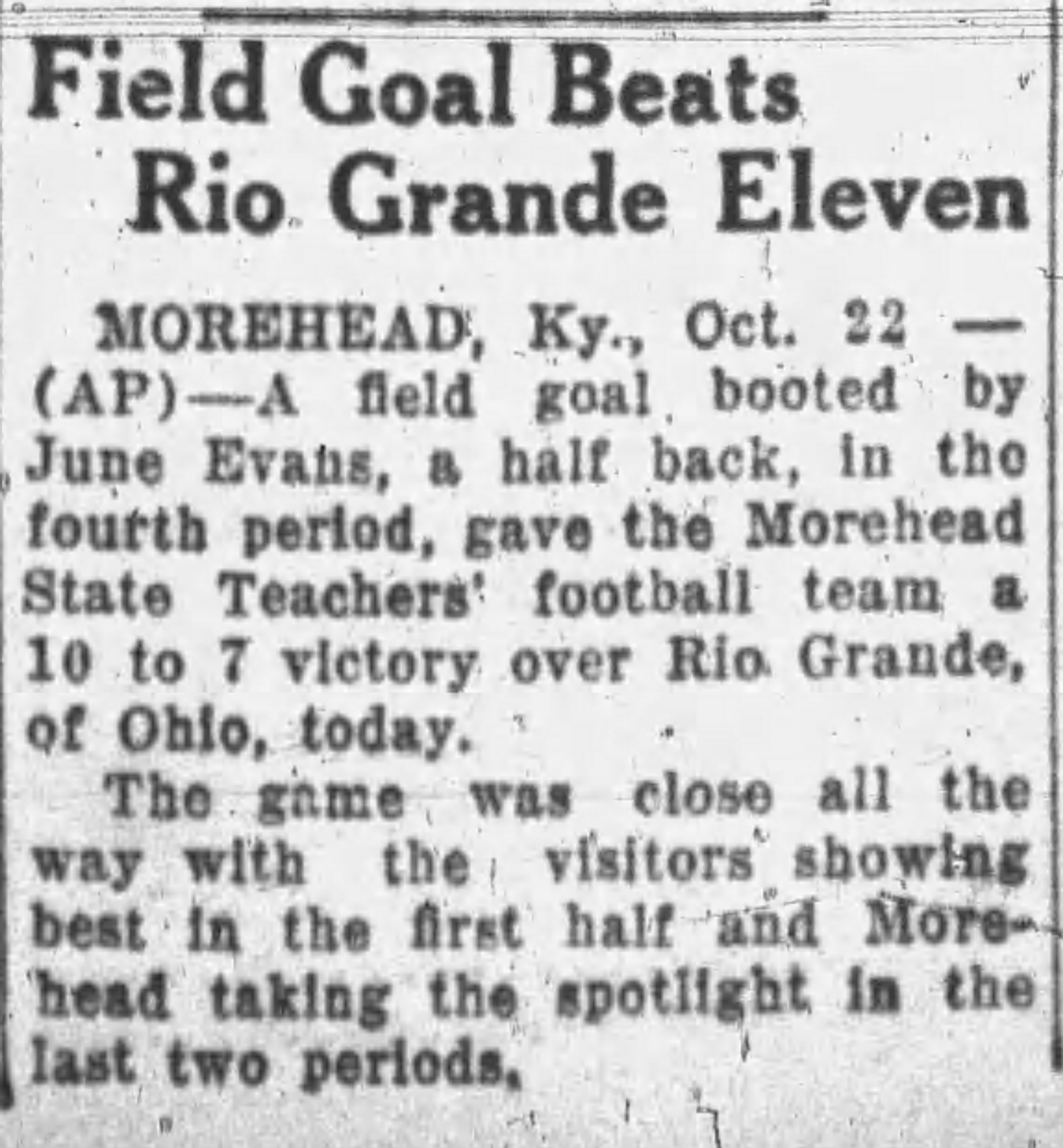 Newspaper clipping titled Field Goal Beats Rio Grande Eleven, published October 23, 1932