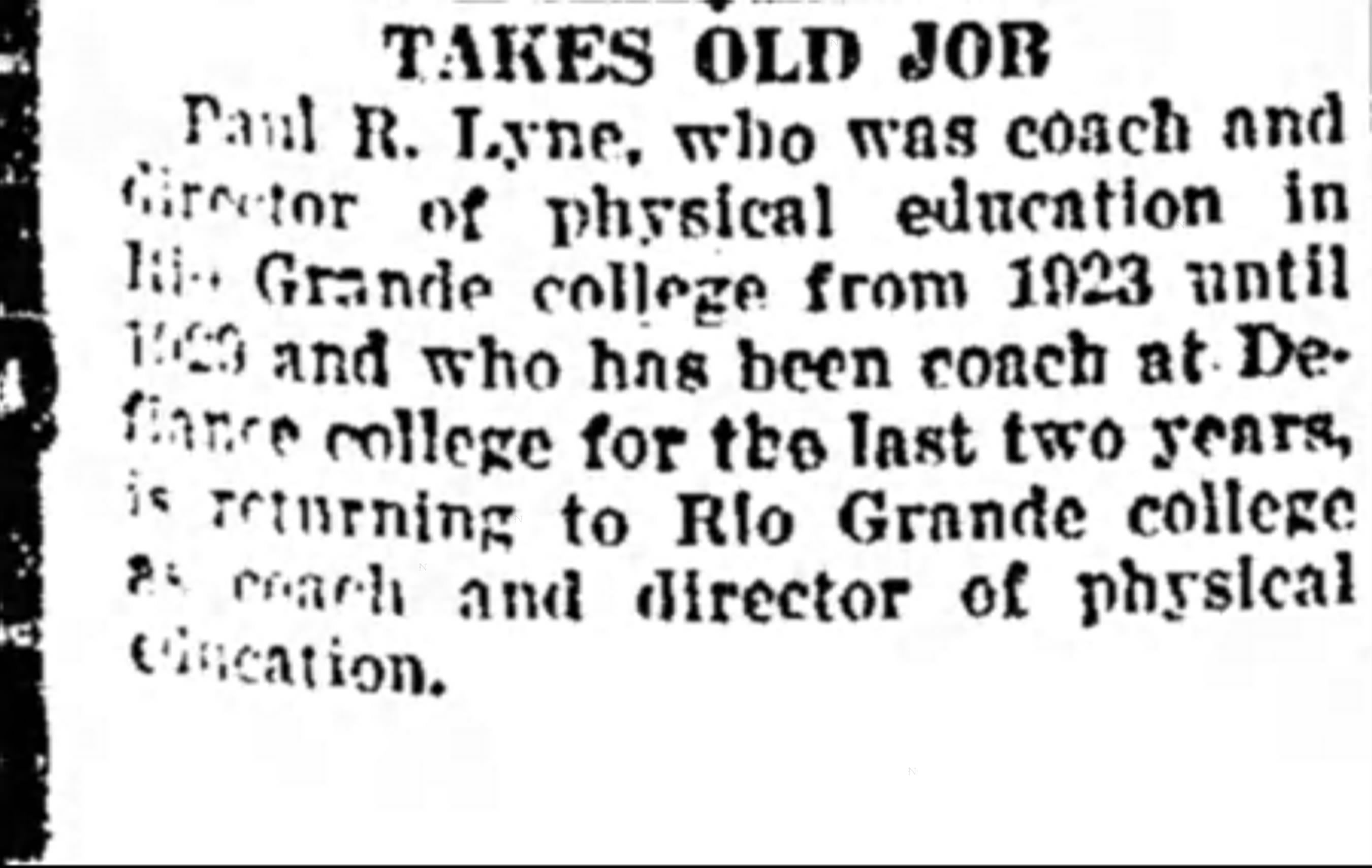 Newspaper clipping from The Portsmouth Times reporting Paul R. Lyne’s return to Rio Grande College, published August 10, 1932