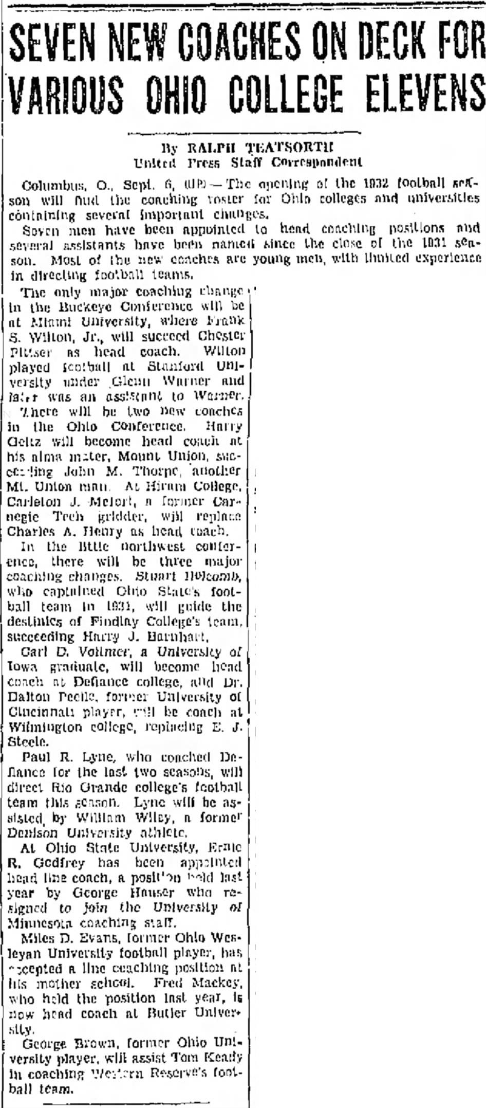 Newspaper clipping titled Seven New Coaches on Deck for Various Ohio College Elevens, published September 6, 1932