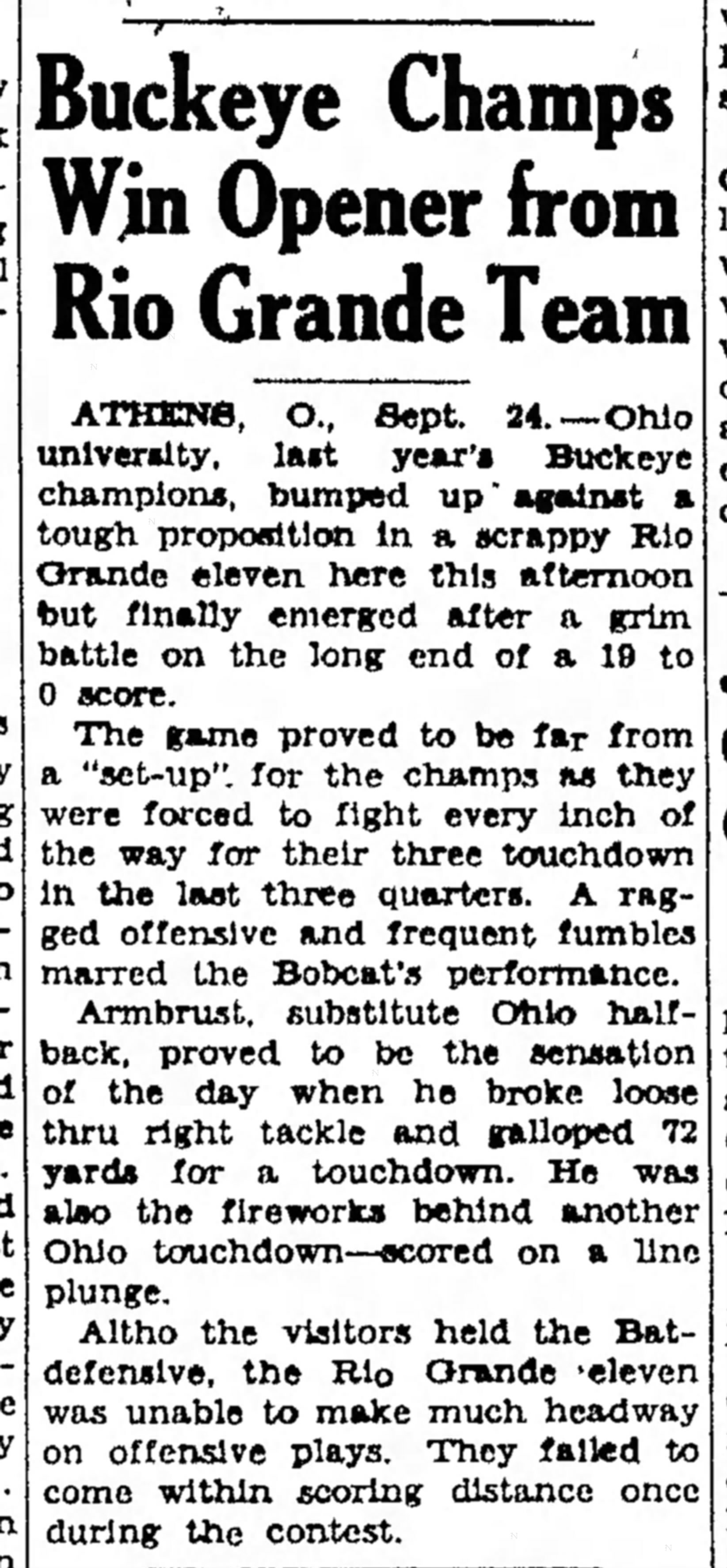 Newspaper clipping titled Buckeye Champs Win Opener from Rio Grande Team, published September 25, 1932