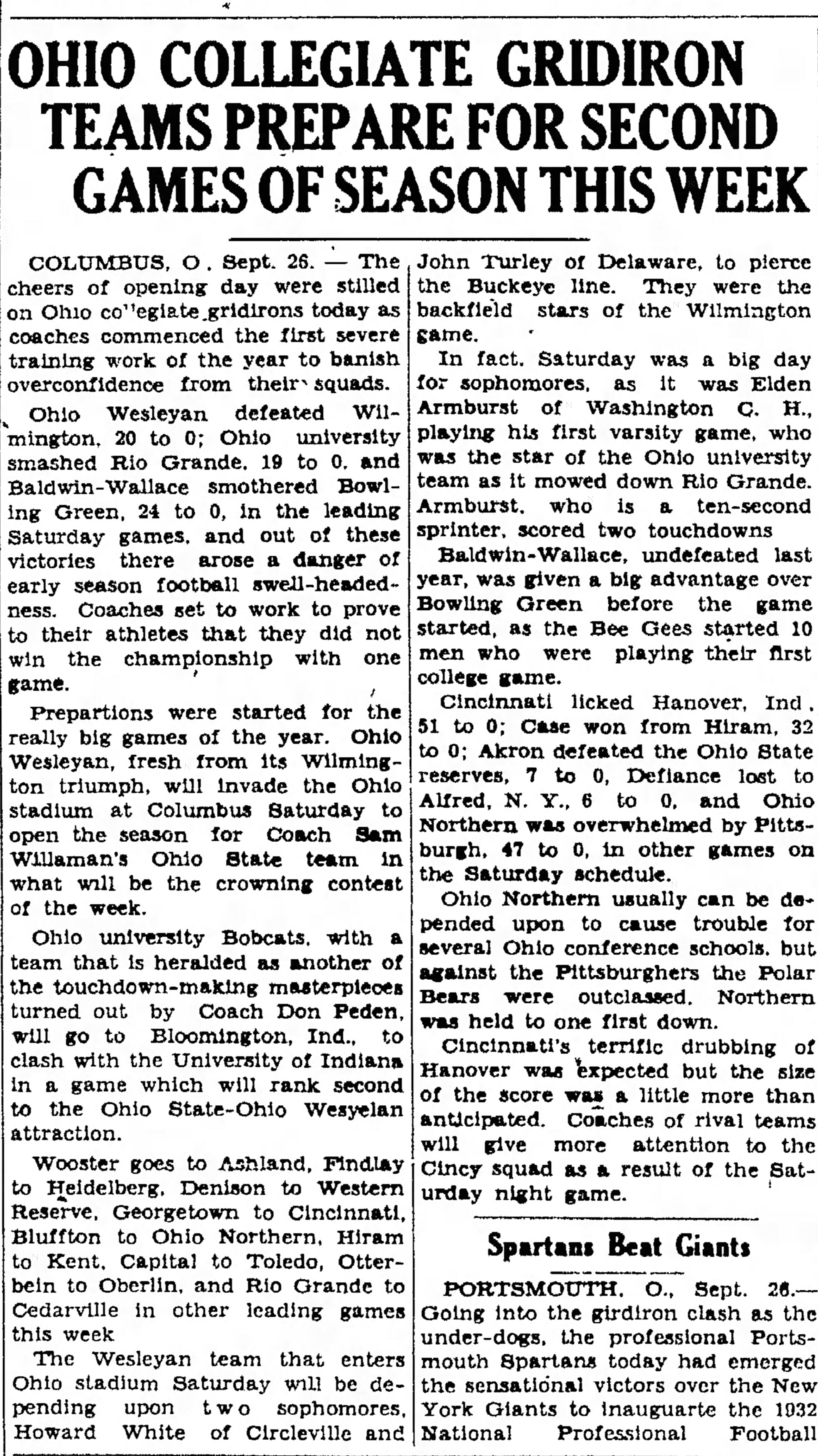 Newspaper clipping titled Ohio Collegiate Gridiron Teams Prepare for Second Games of Season This Week, published September 26, 1932