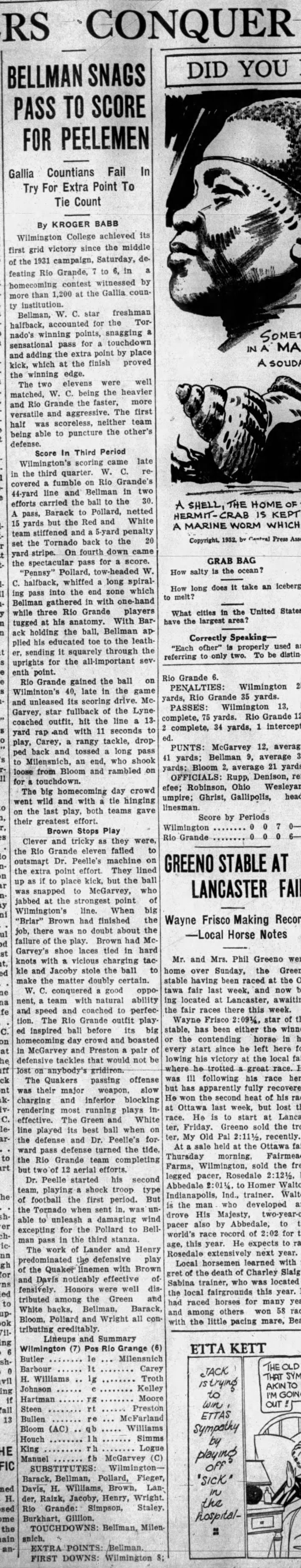 Newspaper clipping titled Bellman Snags Pass To Score For Peelemen, published October 10, 1932