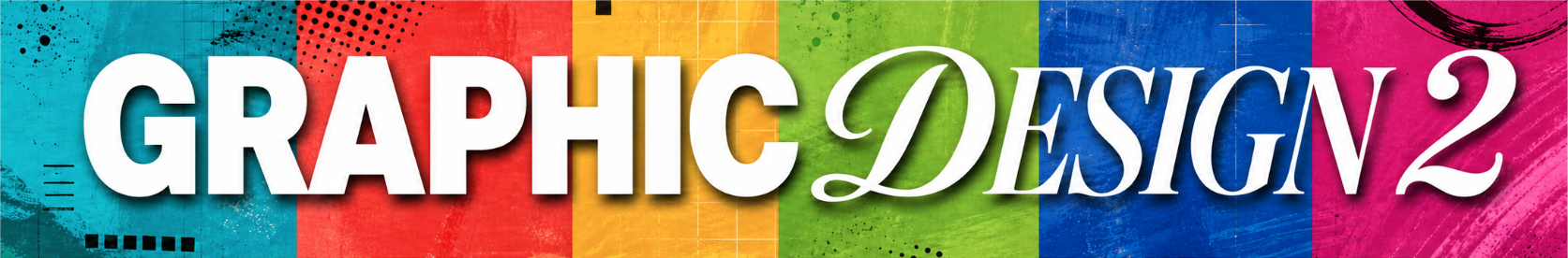 Graphic Design 2 in bold white lettering across cyan, red, yellow, green, blue, and magenta panels