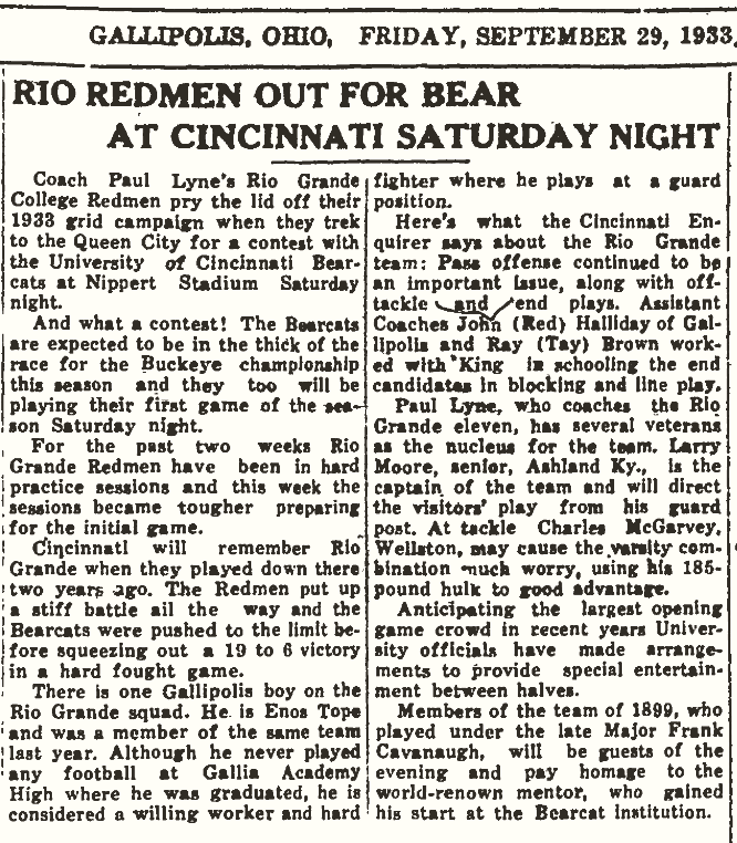 Gallipolis Daily Tribune article titled Rio Redmen Out for Bear at Cincinnati Saturday Night, September 29, 1933