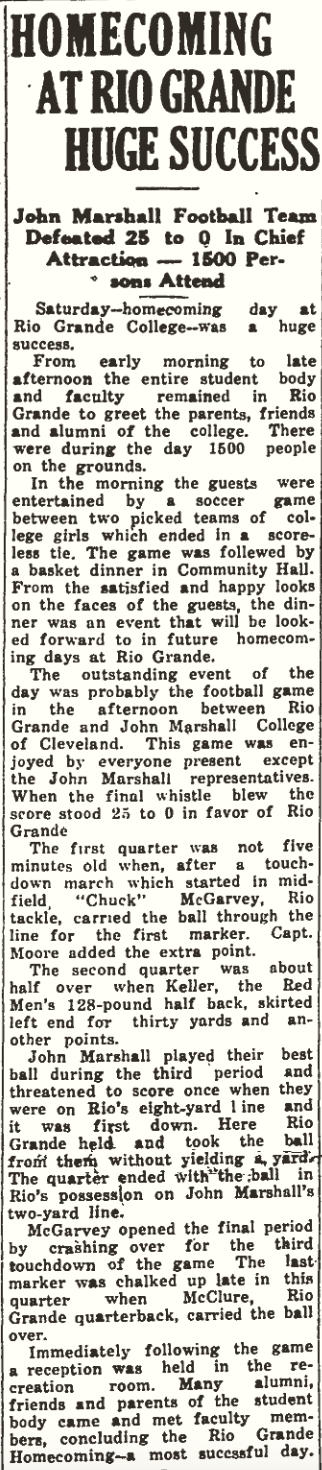 Newspaper article describing Rio Grande College homecoming football victory over John Marshall College in 1933
