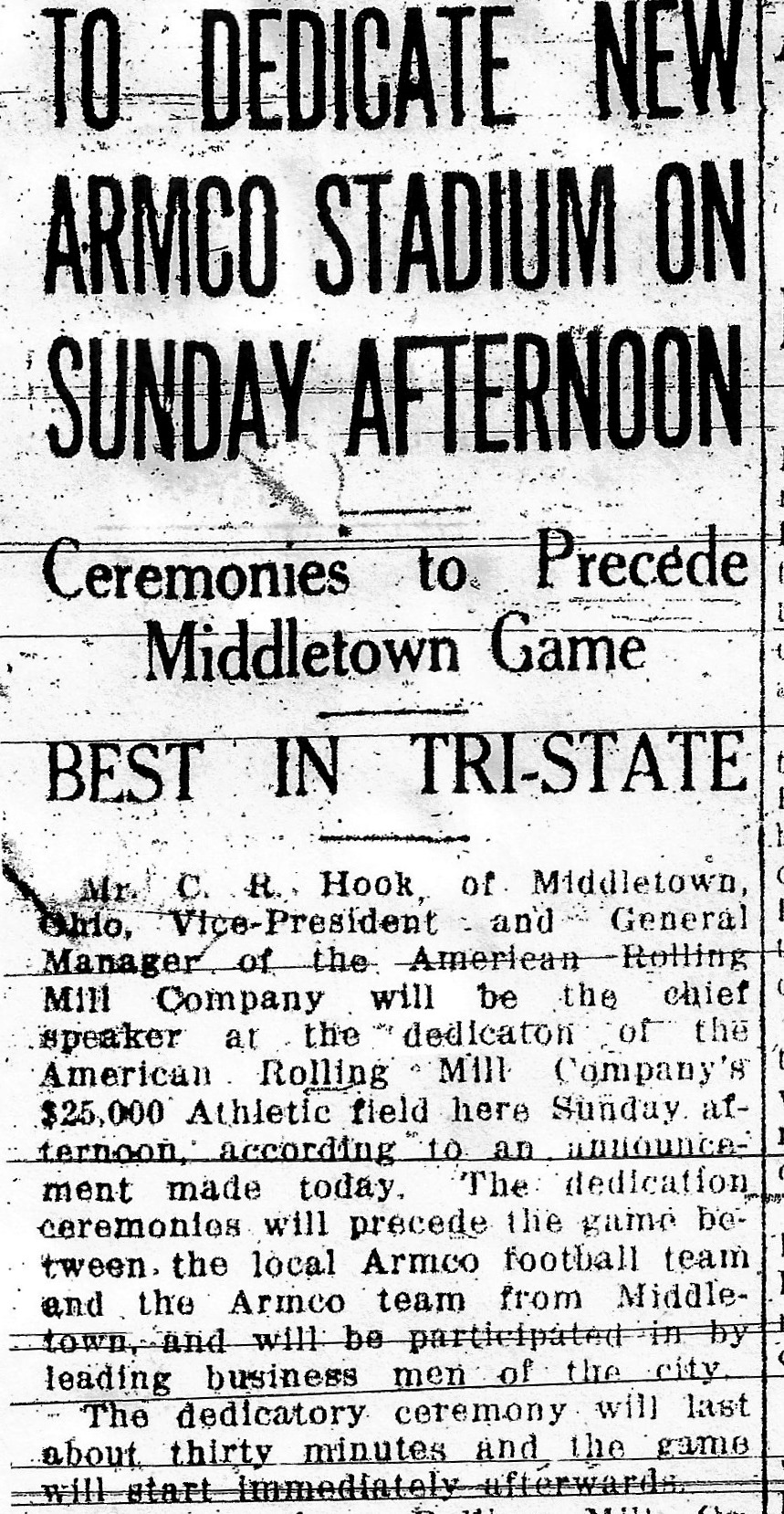 Ashland Daily Independent front-page story announcing the dedication of Armco's new athletic field in 1925