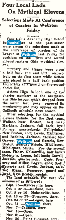 Gallipolis Daily Tribune clipping titled Four Local Lads On Mythical Elevens, published December 23, 1930