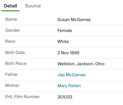 Birth index detail for Susan McGarvey, daughter of Mary Patten