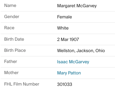 Birth index detail for Margaret McGarvey, daughter of Isaac McGarvey and Mary Patton