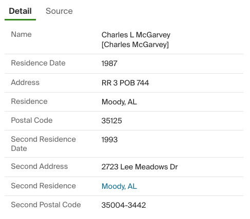 Public Records Index entry for Charles L. McGarvey in Moody, Alabama, 1987 and 1993