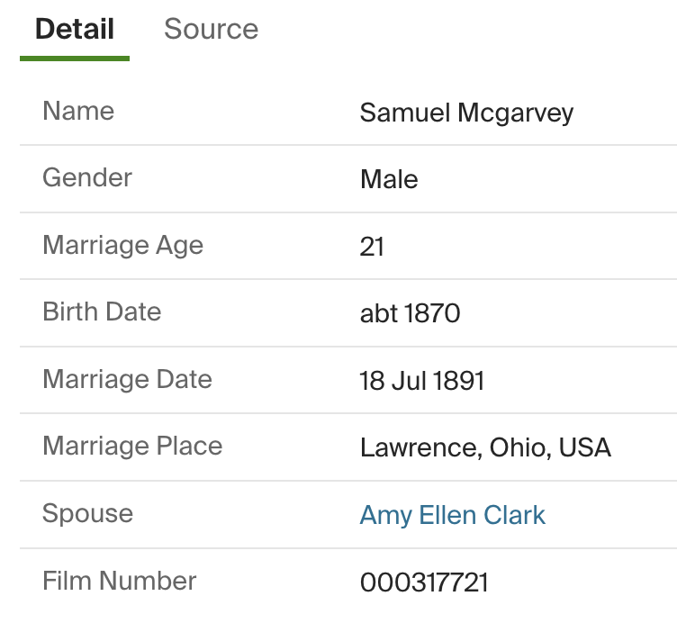 1891 Lawrence County marriage certificate for Samuel McGarvey and Amy Ellen Clark
