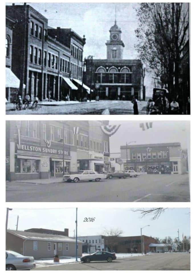 Comparison views of Second Street in Wellston, Ohio, showing the Clutts Building area across time