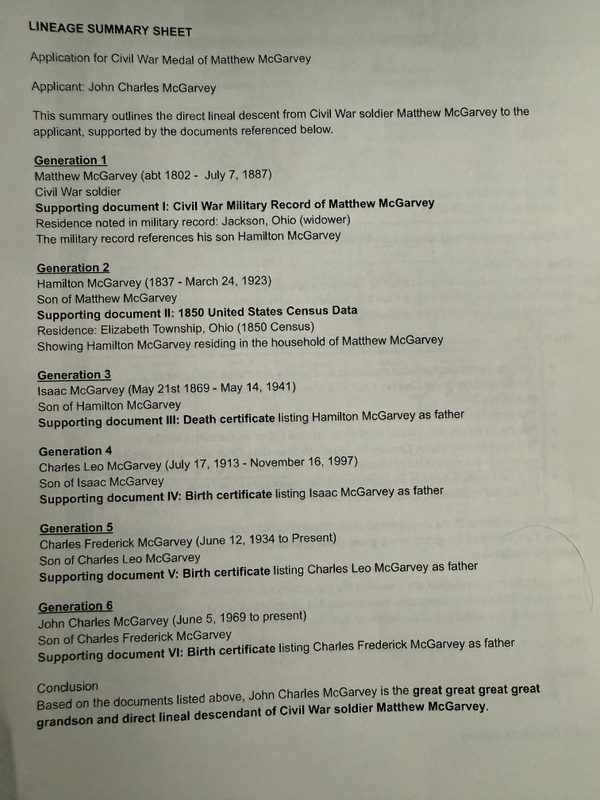 Lineage summary sheet tracing six generations from Matthew McGarvey to applicant John Charles McGarvey