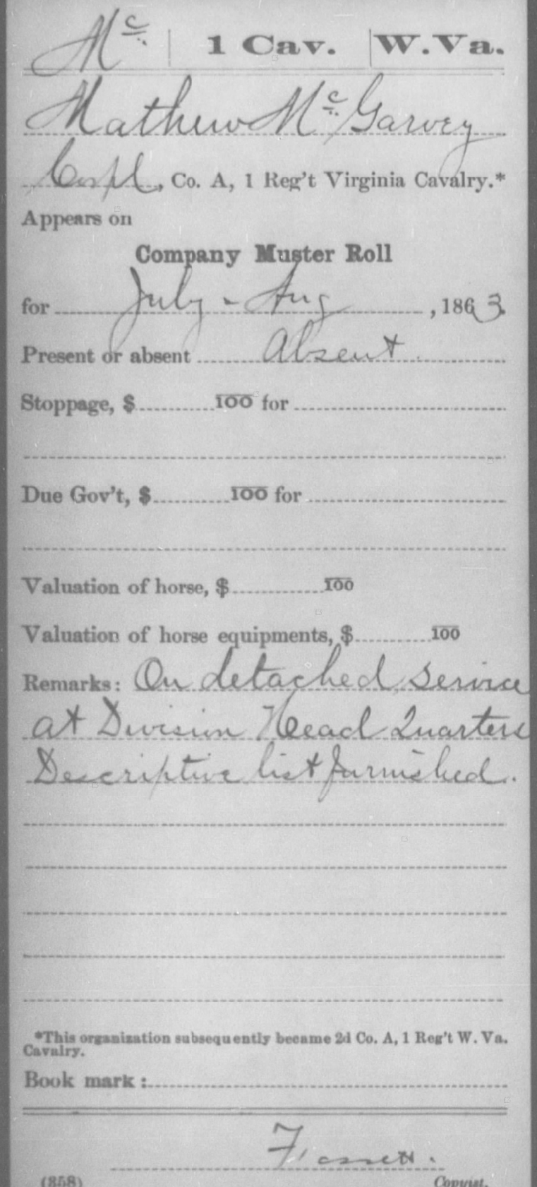 July and August 1863 company muster roll placing Matthew McGarvey at Division Headquarters