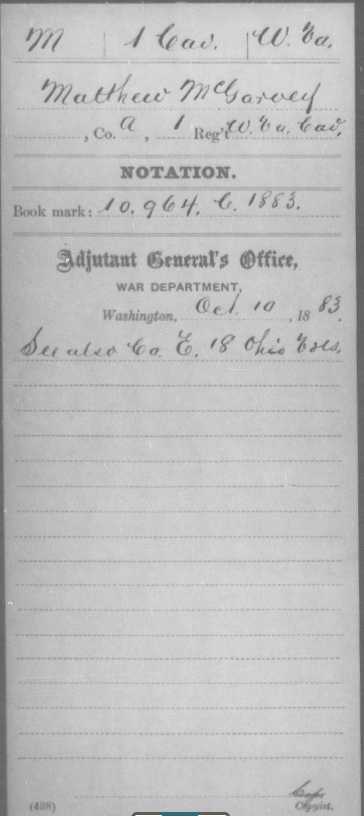1883 War Department notation cross-referencing Matthew McGarvey with Company E, 18th Ohio Volunteers