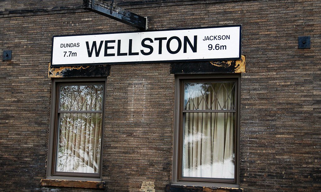 Wellston railroad sign on a brick building