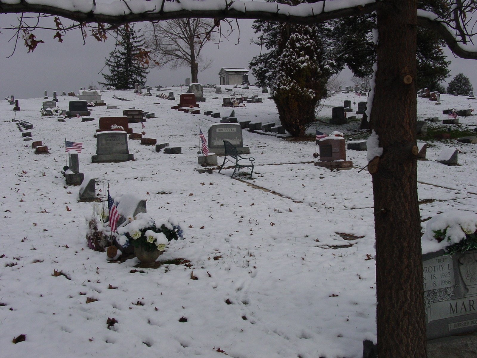 Snow-covered graves at Ridgewood Cemetery