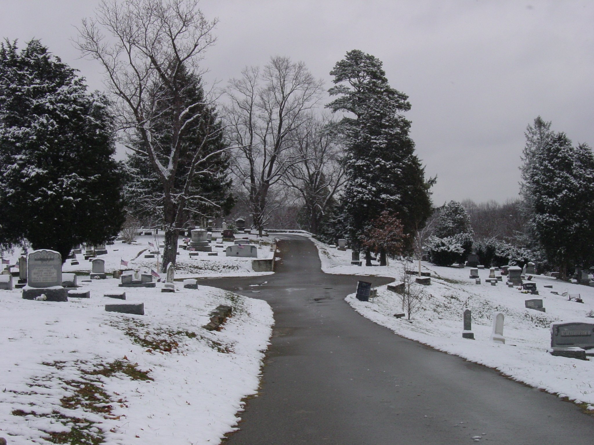 Ridgewood Cemetery hillside in snow