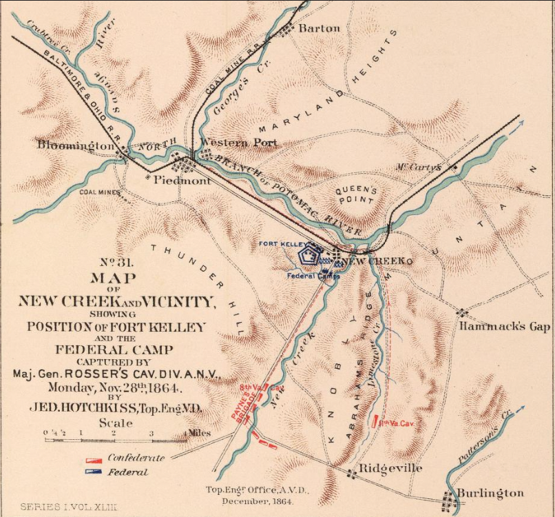 Map of New Creek and vicinity showing Fort Kelley and the Federal camp captured by Rosser’s cavalry, November 28, 1864