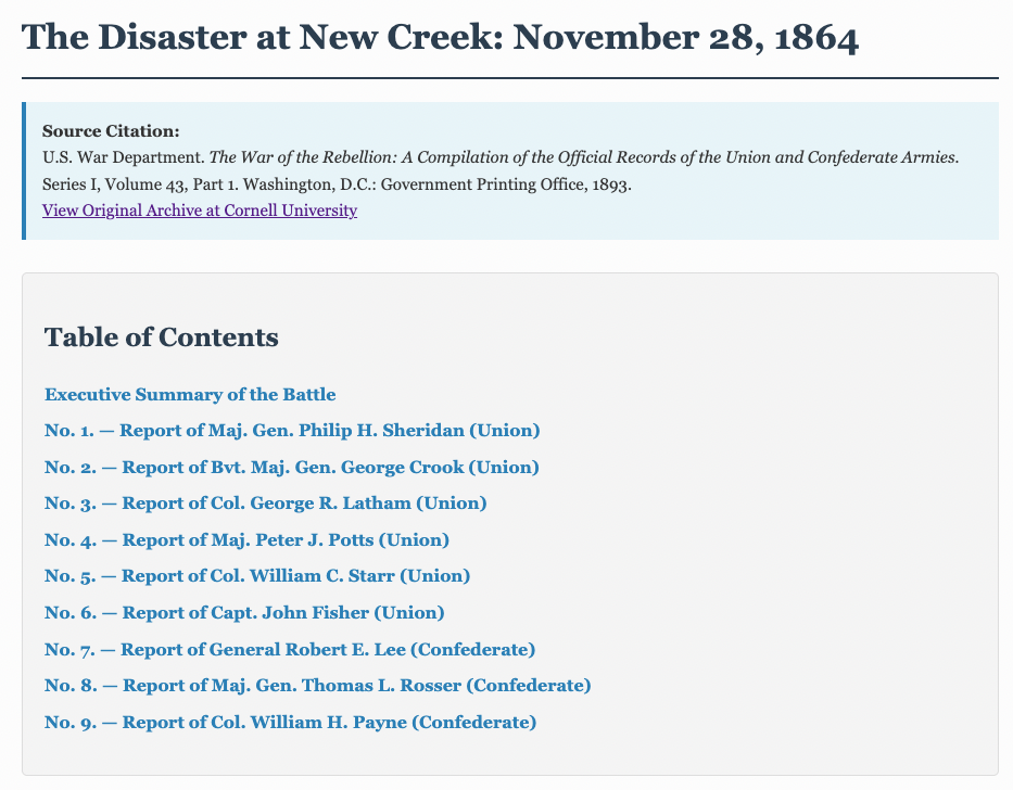 Official Records transcription of the capture of New Creek, November 28, 1864