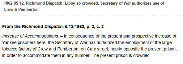 Richmond Dispatch May 12 1862 Pemberton prison authorization