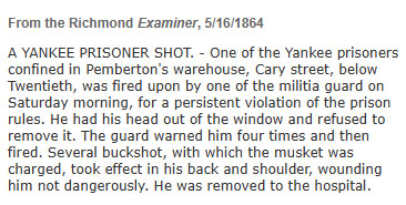 Richmond Examiner May 16 1864 prisoner shooting
