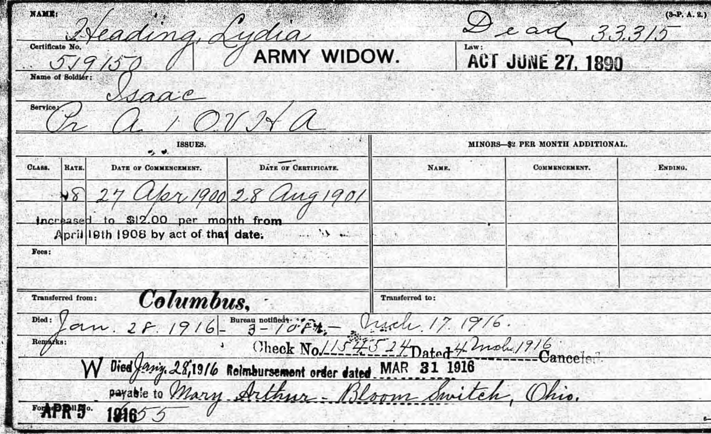 Widow pension card preview for Lydia Heading