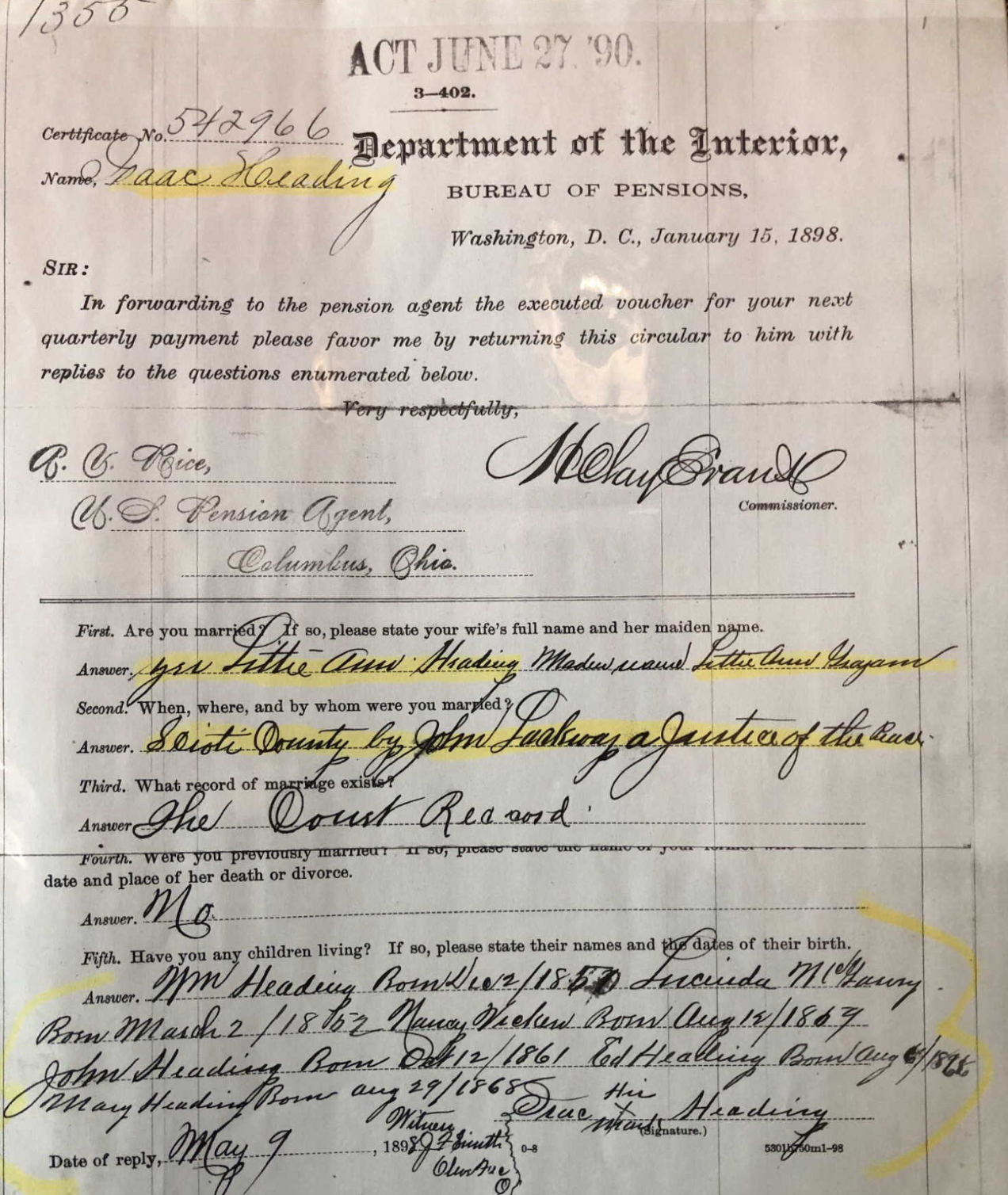 1898 pension questionnaire preview for Isaac Heading