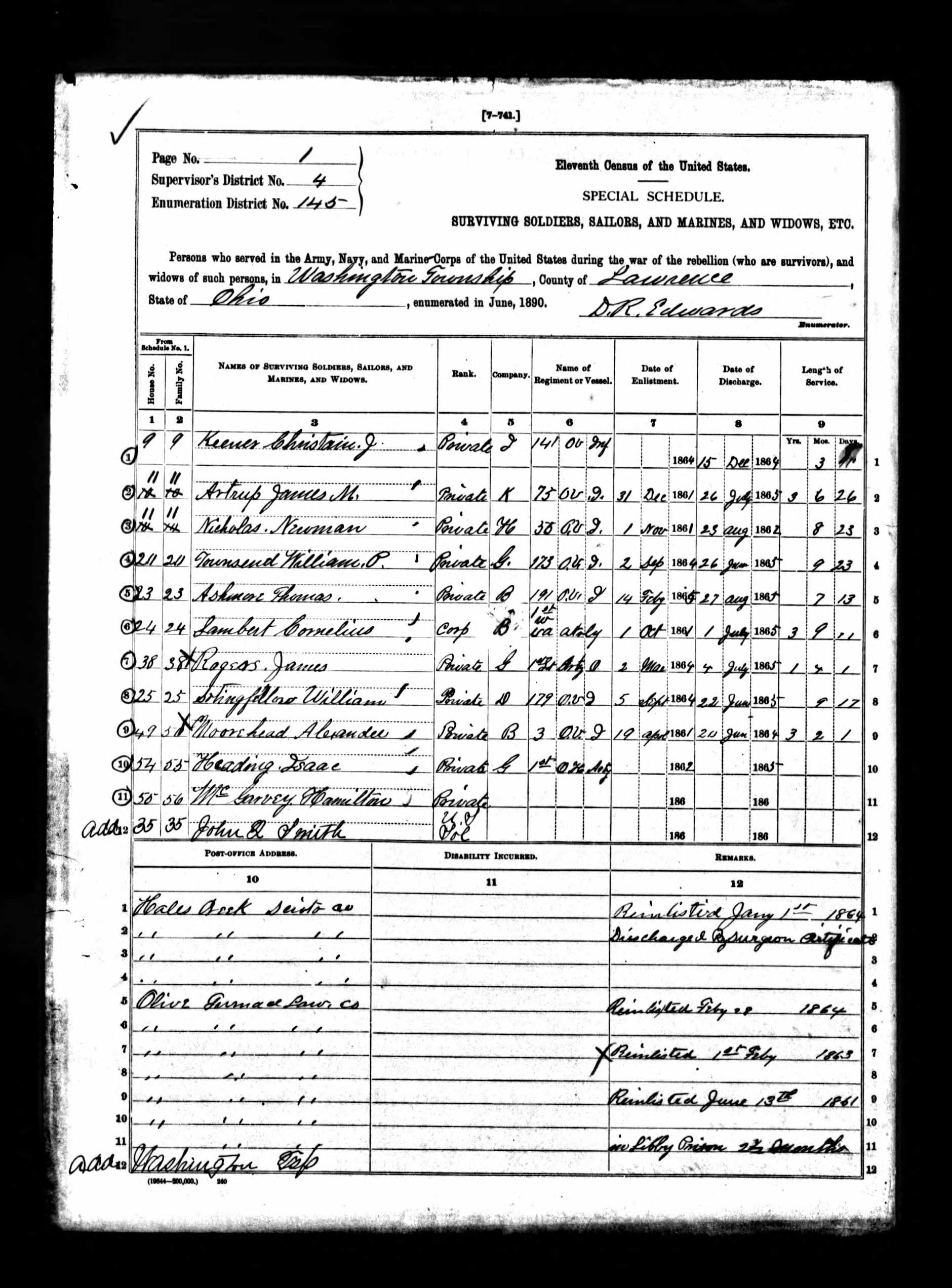 1890 Veterans Schedule preview showing Isaac Heading and Hamilton McGarvey