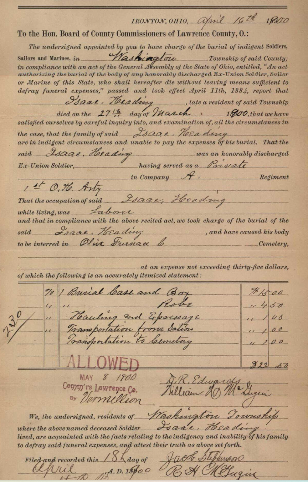 Indigent soldier burial record preview for Isaac Heading