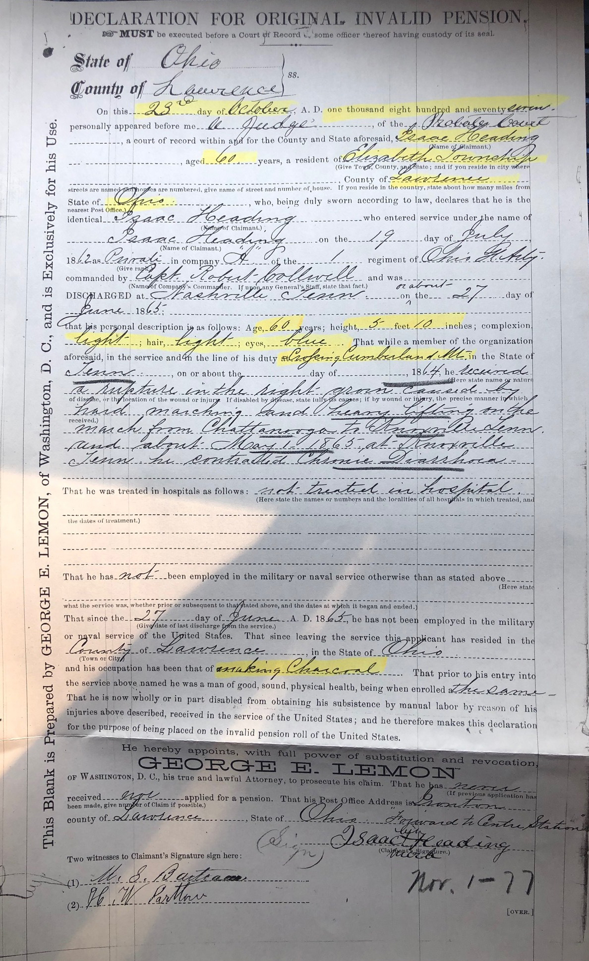 1877 invalid pension declaration preview for Isaac Heading