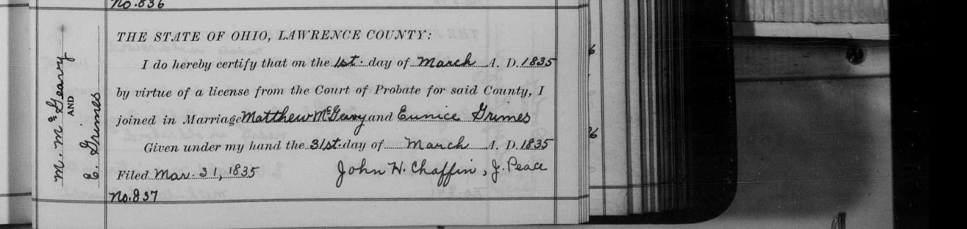 Marriage record for Matthew McGarvey and Eunice Grimes