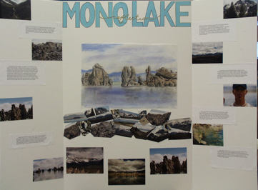 Student Mono Lake museum display board with photographs and central artwork