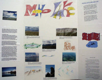 Student Mono Lake museum display board with drawings, photographs, captions, and research text